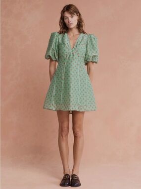 NWT LOVAAN Adeline Linen Silk Blend Mint Green Floral Puff-Sleeve Mini Dress